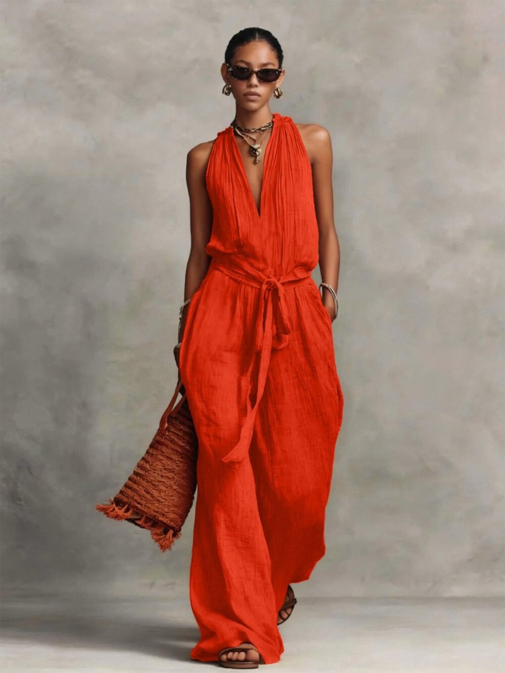 Women's Orange Red Lace-Up Sleeveless Jumpsuit